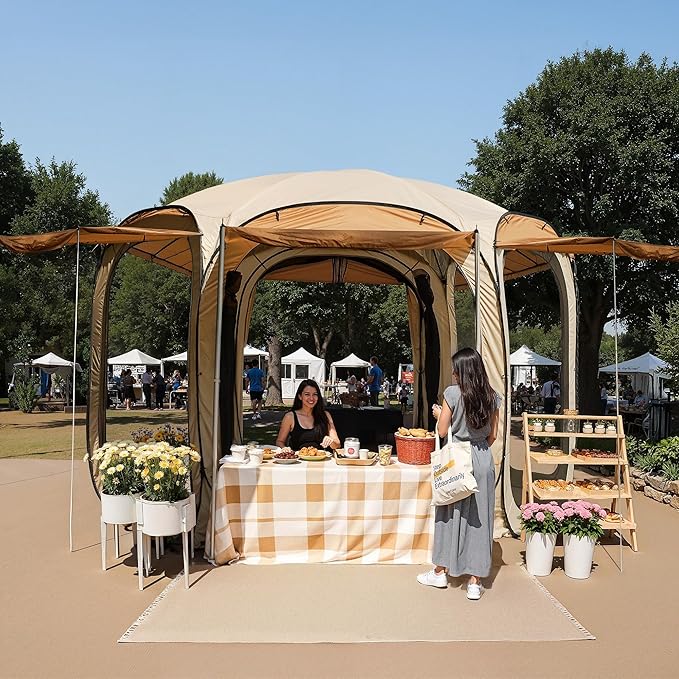 EAST OAK 6ร6 FT Pop Up Canopy Tent with Mesh | Outdoor Screen House with 4 Sunshades | Instant Canopy with Portable Carry Bag | Gazebo Tent for Camping, Patio, and Beach | Beige