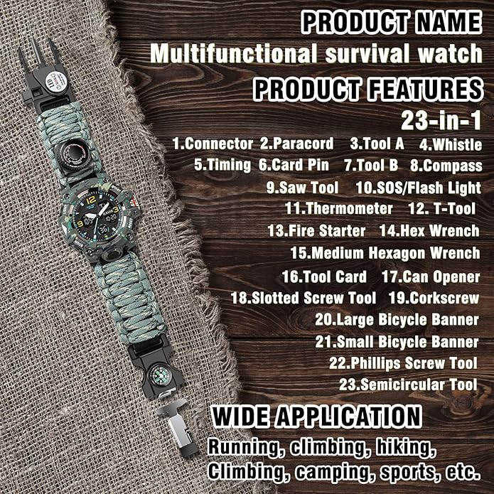 23-in-1 Survival Military Digital Watch, Mens Tactical Multi-Functional and Adjustable Wristband Outdoors Waterproof Sports Dual Dial Watches with Compass Paracord Band