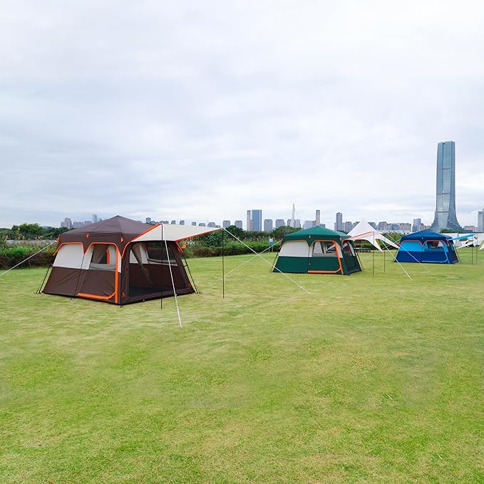 KTT Extra Large Tent 6-10-12-14 Person(B),Family Cabin Tents,2 Rooms,3 Doors and 3 Windows with Mesh,Straight Wall,Waterproof,Double Layer,Big Tent for Outdoor,Picnic,Camping,Family Gathering
