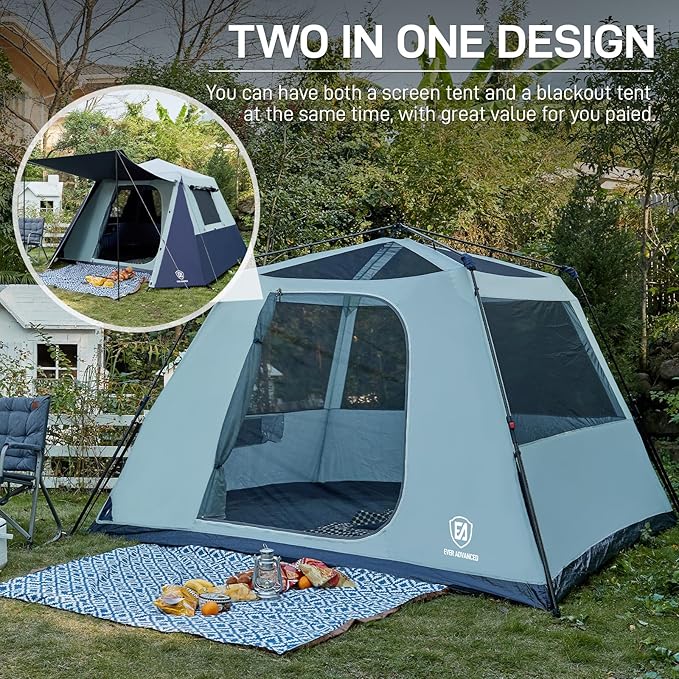 EVER ADVANCED Blackout Design 6 Person Camping Tent, Instant Cabin Tent for Family with Vestibule and Large Mesh Windows, 60s Easy Setup, Double Layer, Water-Resistant