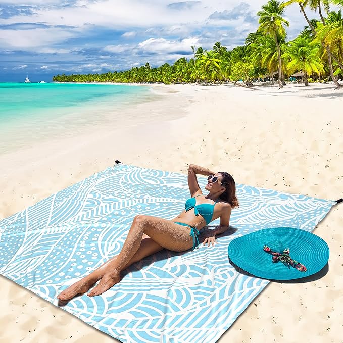 Beach Blanket, Sandproof Beach Mat, Waterproof Quick Drying Lightweight Outdoor Aztec Picnic Mat 79" X 83" for 2-4 Adults with Pocket for Travel, Camping, Hiking