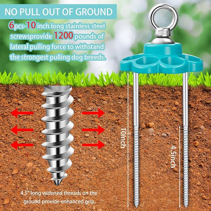 360° Swivel Dog Tie Out Cable and Stake Stainless Steel Heavy Dog Stake 1200 Lbs of Pull Force, Rust Proof No Tangle Holds for Yard Outdoor Camping, Contains Screws (Blue)