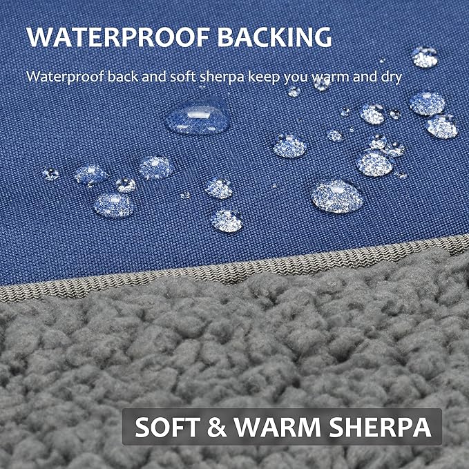 Tirrinia Outdoors Waterproof Throw Blanket, Sherpa Fleece Stadium Windproof Mat for Camping, Picnic, Traveling, Boat, Football - Machine Washable, Navy