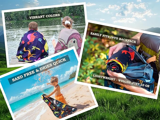 Microfiber Beach Towel for Kids - Thin and Large (30"x60") - Dinosaur - Absorbent, quick dry, sand free, lightweight, blanket - toddler, girls, boys - For Sports, Pool, Picnic, Camping, Travel, Swim