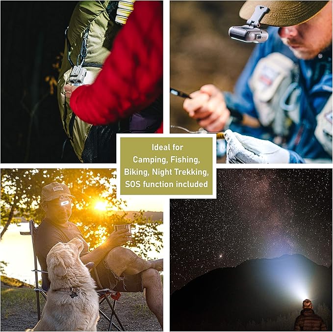 Claymore Capon 120H (Tan) - LED Rechargeable Clip-On Cap Headlamp, Lightweight Hat Light for Camping, Running, Hiking, Emergency & Industrial Use, Waterproof, USB-C, Up to 45 Hours of Battery Life.