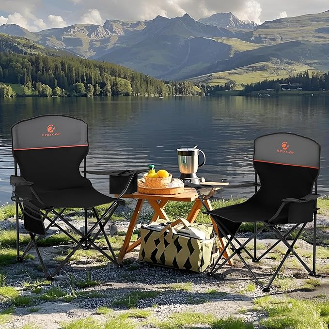 ALPHA CAMP Folding Camping Chairs for Adults Lawn Chairs Outdoor Chairs Support 250 LBS Portable Camp Chairs with Cup Holders Cooler Pouch for Outdoor, 2 Pack (Black)