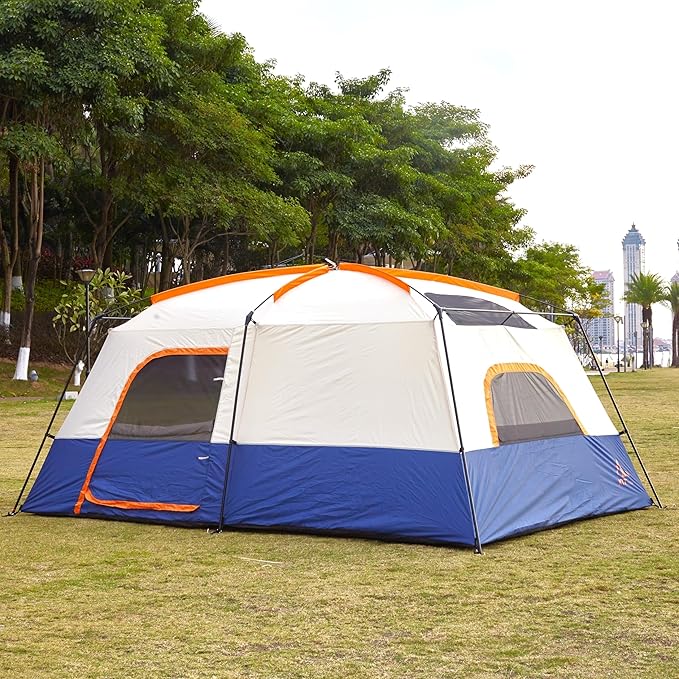 KTT Extra Large Tent 6-10-12-14 Person(B),Family Cabin Tents,2 Rooms,3 Doors and 3 Windows with Mesh,Straight Wall,Waterproof,Double Layer,Big Tent for Outdoor,Picnic,Camping,Family Gathering