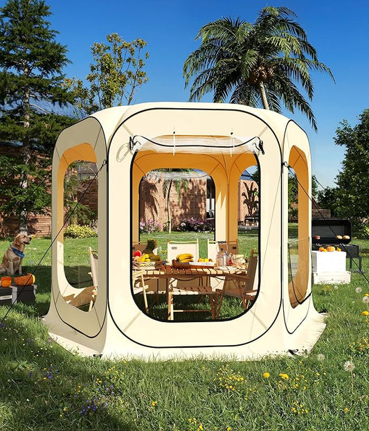10x10 Ft Outdoor All Weather Pop Up Tent, 6-8 Person Instant Tent Shelter, Rainproof Camping Sun Shelter Coldproof & Windproof for Patio, Backyard, Deck, Sports Events, Beige