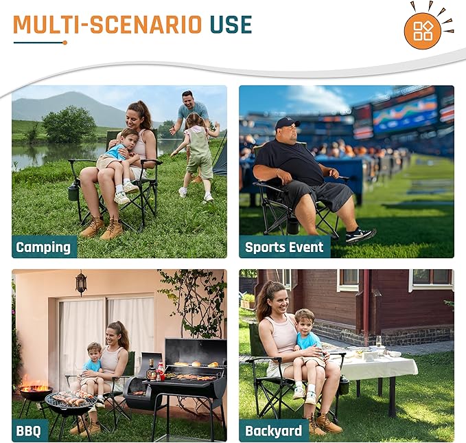 Folding Camping Chairs for Adults Heavy Duty Plus Size Camping Chairs 400 lb Steel Frame Metal Arm Lawn Chairs with Swivel Cup Holder, Extra Large Camp Chair for Outdoor Sports, Green (2 Pack)