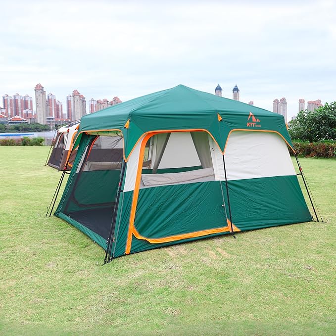 KTT Extra Large Tent 6-10-12-14 Person(B),Family Cabin Tents,2 Rooms,3 Doors and 3 Windows with Mesh,Straight Wall,Waterproof,Double Layer,Big Tent for Outdoor,Picnic,Camping,Family Gathering