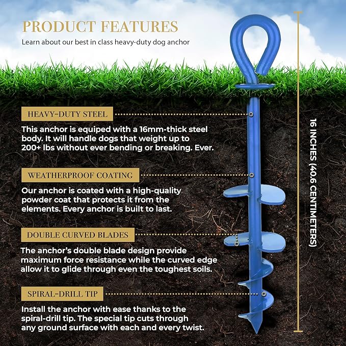 Dog Tie Out Stake - Heavy Duty Dog Stake for Large Dogs up to 210 lbs, Dog Stakes for Outside to use with Any Dog Tie Out Cable or Dog Leads for Yard (BA1-Azure Blue)