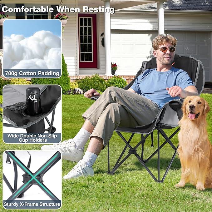 Oversized Camping Chair, Portable Folding Padded Camp Chairs with Side Pocket, Cup Holder, Heavy Duty Support 500LBS Outdoor Lounge Chair for Adults, Fishing, Sports, Trip, Black