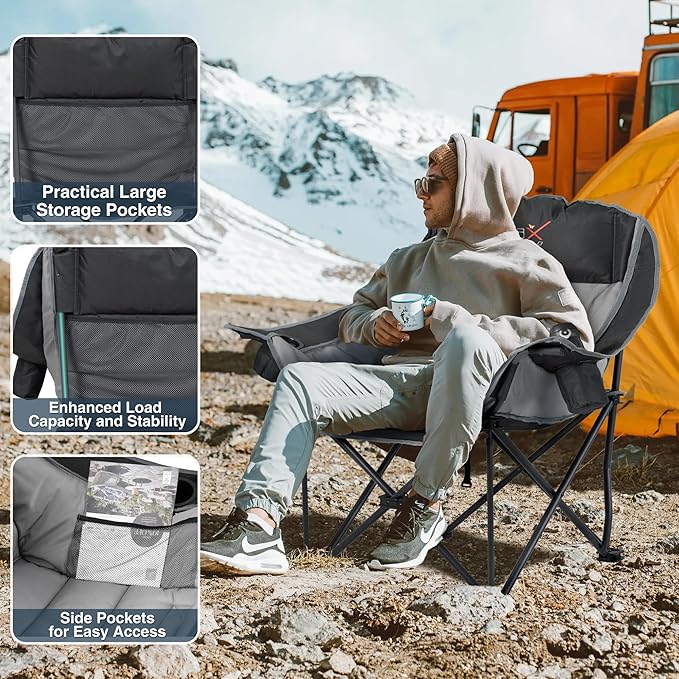Oversized Camping Chair, Portable Folding Padded Camp Chairs with Side Pocket, Cup Holder, Heavy Duty Support 500LBS Outdoor Lounge Chair for Adults, Fishing, Sports, Trip, Black