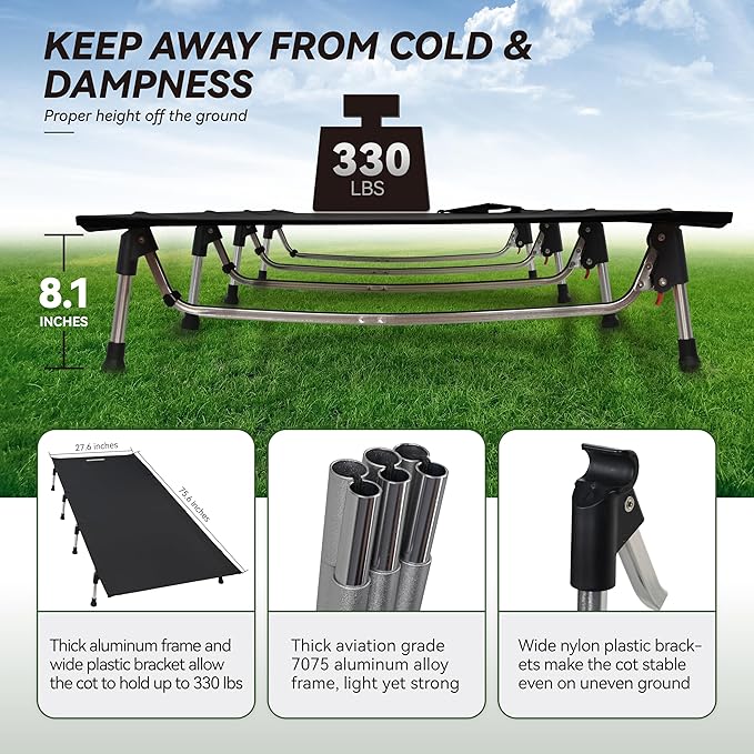 MARCHWAY Lightweight Folding Tent Camping Cot Bed with Lever Lock, Easy Setup Portable Compact for Outdoor Travel, Hunting, Hiking, Motorcycling, Support 330Lbs (Black)