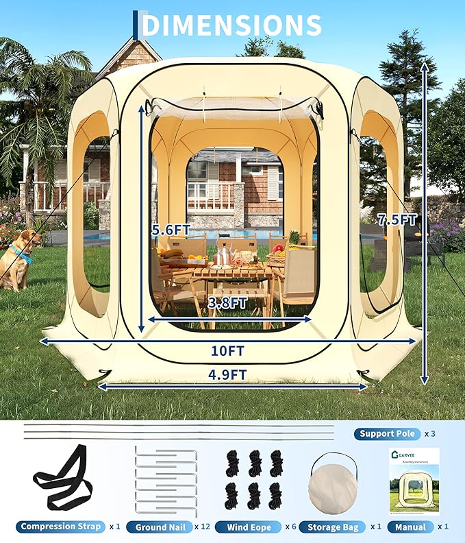 10x10 Ft Outdoor All Weather Pop Up Tent, 6-8 Person Instant Tent Shelter, Rainproof Camping Sun Shelter Coldproof & Windproof for Patio, Backyard, Deck, Sports Events, Beige