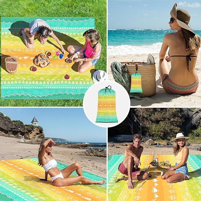 Beach Blanket Waterproof Sandproof, Large Lightweight Quick Dry Beach Mat with Storage Bag & Stakes, Portable Sand Free Picnic Blanket with Corner Pockets, Beach Vacation Essentials for Family, Friend