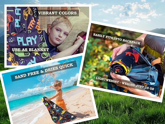 Microfiber Beach Towel for Kids - Thin and Large (30"x60") - Gaming - Absorbent, quick dry, sand free, lightweight, blanket - toddler, girls, boys - For Sports, Pool, Picnic, Camping, Travel, Swim