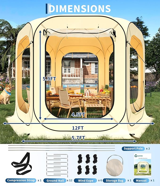 12x12 Ft Outdoor All Weather Pop Up Tent, 8-10 Person Instant Tent Shelter, Rainproof Camping Sun Shelter Coldproof & Windproof for Patio, Backyard, Deck, Sports Events, Beige