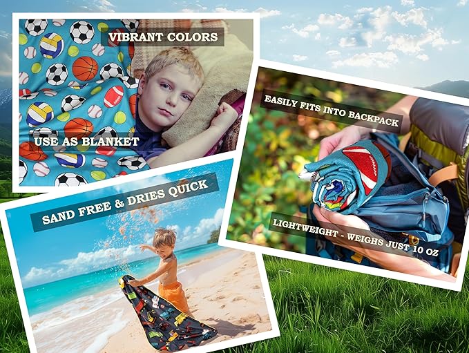 Microfiber Beach Towel for Kids - Thin and Large (30"x60") - Sports Balls - Absorbent, quick dry, sand free, lightweight, blanket - toddler, girls, boys - For Pool, Picnic, Camping, Travel, Swim