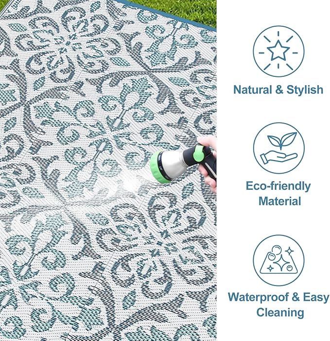 Lahome Patio Rug 6x9 Deck Rugs Outdoor Waterproof for Outside, Plastic Straw Rug Reversible Rv Mat,Large Portable Porch Floor Camping Carpet for Balcony Tent, Blue & White 6x9