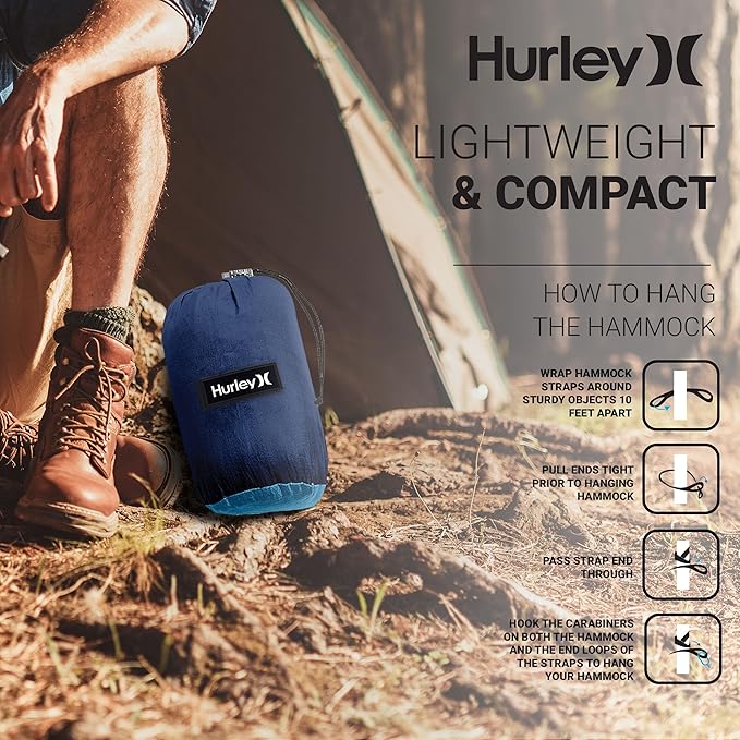Hurley Duo Camping Hammock - 2 Person Portable Hammock for Camping, Heavy Duty Hammock, Parachute Nylon Fabric - Camping Accessories for Outdoor Activities - Holds Up to 400lbs, Cocoa/Blue, 118 x 79