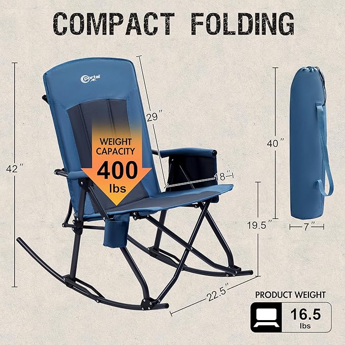 PORTAL Oversized Folding Rocking Camping Chair Portable Outdoor Rocker with High Back Hard Armrests Carry Bag, Supports 400 lbs