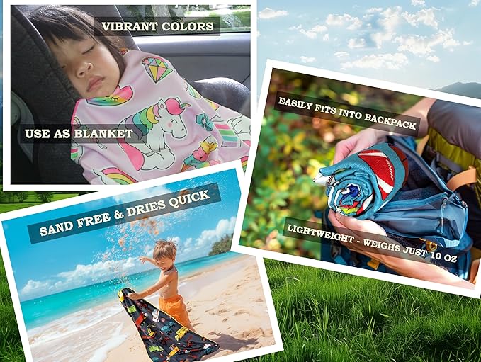Microfiber Beach Towel for Kids - Thin and Large (30"x60") - Unicorn - Absorbent, quick dry, sand free, lightweight, blanket - toddler, girls, boys - For Sports, Pool, Picnic, Camping, Travel, Swim