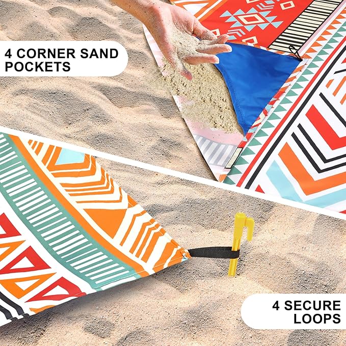 Beach Blanket, Sandproof Beach Mat, Waterproof Quick Drying Lightweight Outdoor Aztec Picnic Mat 79" X 83"/120"x108" for 2-8 Adults for Travel, Camping, Hiking