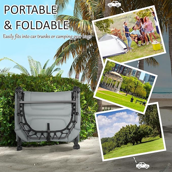 Outsunny Camping Cot for Adults, Folding Bed with Soft Padded Cushions & Headrest, 180° Adjustable Reclining Lounger, Heavy Duty and Portable with a 400 lbs. Capacity, Gray