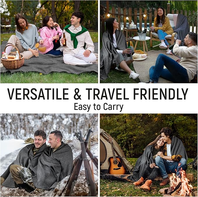 JMR Wool Camping Blanket - Warm Heavy Car Blanket & Camp Quilt - Survival Emergency Blanket for Sleeping Outdoors - Multi-Use Wool Blanket for Camping, Car & Home - 80% Wool, Grey, 66X90