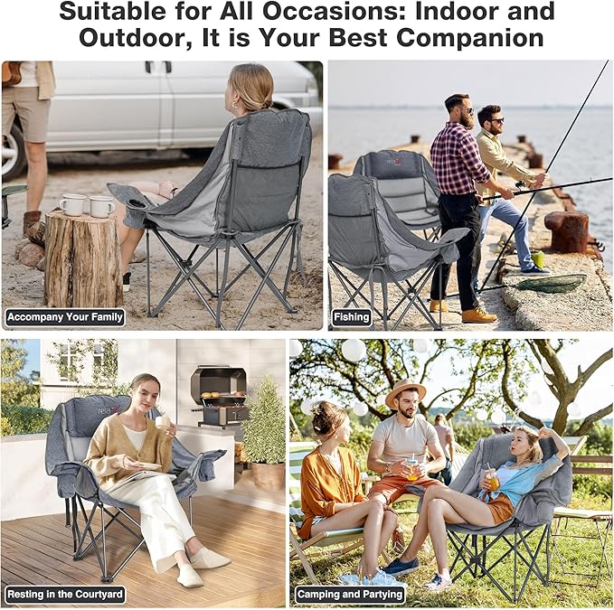 Oversized Camping Chair, Portable Folding Padded Camp Chairs with Side Pocket, Cup Holder, Heavy Duty Support 500LBS Outdoor Lounge Chair for Adults, Fishing, Sports, Trip, Grey