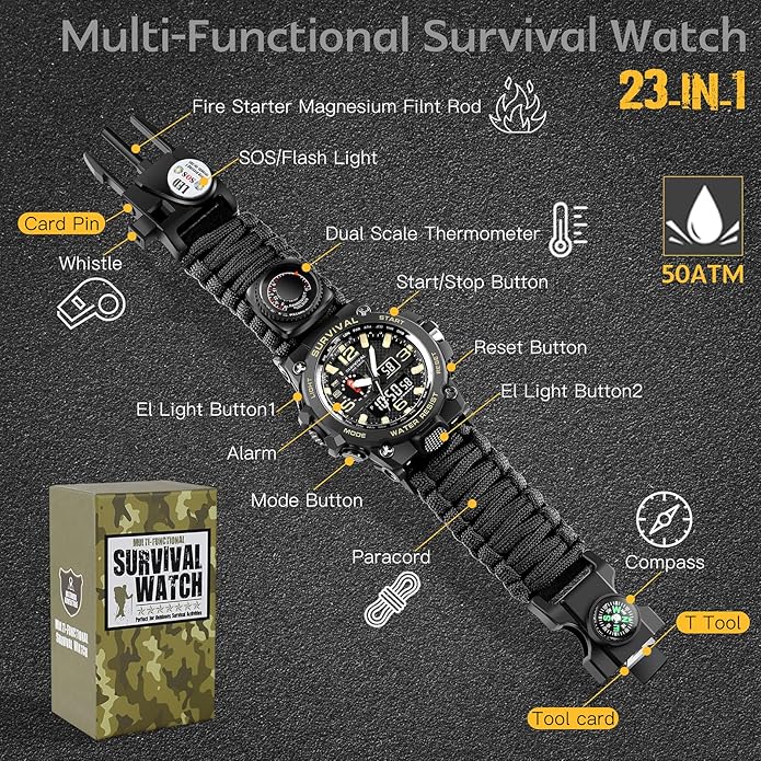 Kavie 23-in-1 Military Tactical Watch for Men, Multifunctional Outdoors Waterproof Survival Watches with Compass Whistle Fire Starter and Thermometer, Paracord Watch Bracelets with Outdoor Army Gear