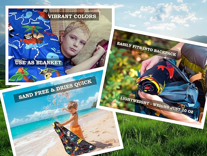 Microfiber Beach Towel for Kids - Thin and Large (30"x60") - Pirate - Absorbent, quick dry, sand free, lightweight, blanket - toddler, girls, boys - For Sports, Pool, Picnic, Camping, Travel, Swim
