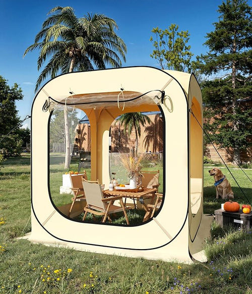 6x6 Ft Outdoor All Weather Pop Up Tent, 2-3 Person Instant Tent Shelter, Rainproof Camping Sun Shelter Coldproof & Windproof for Patio, Backyard, Deck, Sports Events, Beige