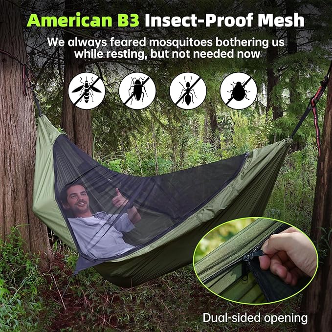 Camping Hammock with Mosquito Net, 2 Person Hammock Tent, Portable, Parachute Nylon for Indoor, Outdoor, Hiking, Backpacking, Backyard, Beach, Travel (Hold Up to 500lbs)