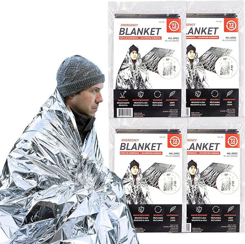 72 HRS MIL-SPEC Emergency Space Blankets – Mylar Survival or Emergency Thermal Blankets for Camping, Hiking, Marathon, First Aid, Emergency Preparedness, Extreme Weather, Shelter (4-Pack)