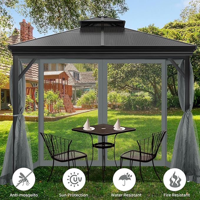 Gazebo Universal Replacement Mosquito Netting, 10' x 12' Outdoor Mesh Netting Screen 4-Panel Sidewall with Zipper for Patio Canopy Garden Porch Pergolas and Backyard, Gray(Mosquito Net Only)