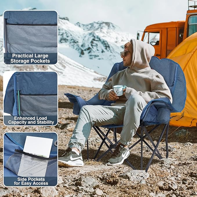 Oversized Camping Chair, Portable Folding Padded Camp Chairs with Side Pocket, Cup Holder, Heavy Duty Support 500LBS Outdoor Lounge Chair for Adults, Fishing, Sports, Trip, Navy Blue