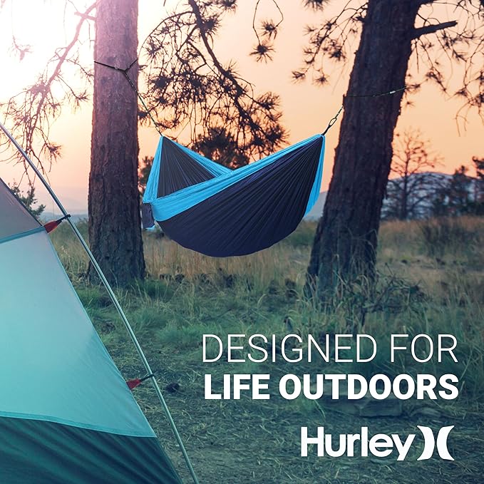 Hurley Duo Camping Hammock - 2 Person Portable Hammock for Camping, Heavy Duty Hammock, Parachute Nylon Fabric - Camping Accessories for Outdoor Activities - Holds Up to 400lbs, Cocoa/Blue, 118 x 79