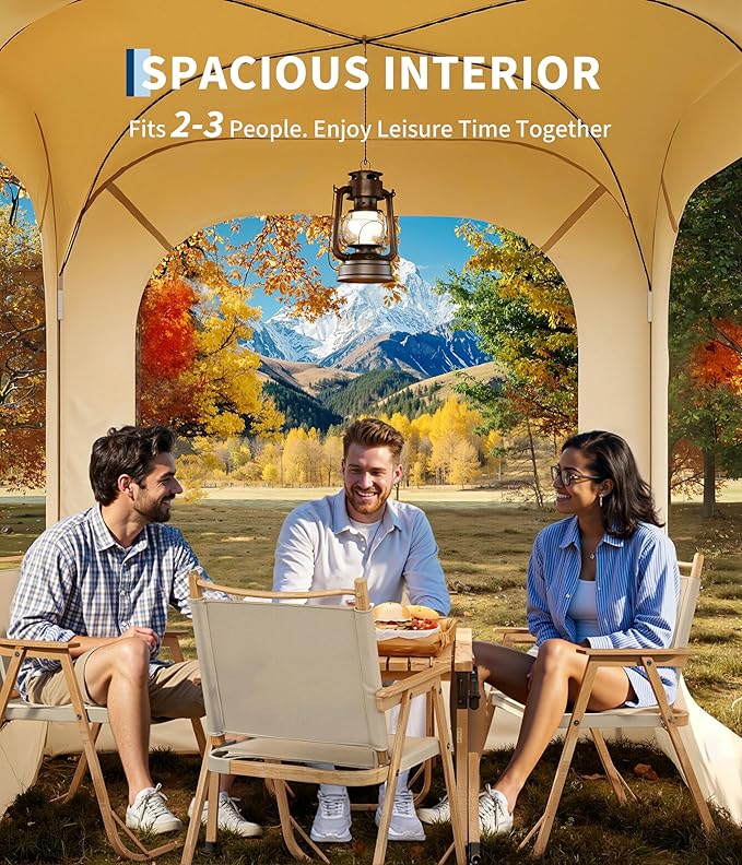 6x6 Ft Outdoor All Weather Pop Up Tent, 2-3 Person Instant Tent Shelter, Rainproof Camping Sun Shelter Coldproof & Windproof for Patio, Backyard, Deck, Sports Events, Beige