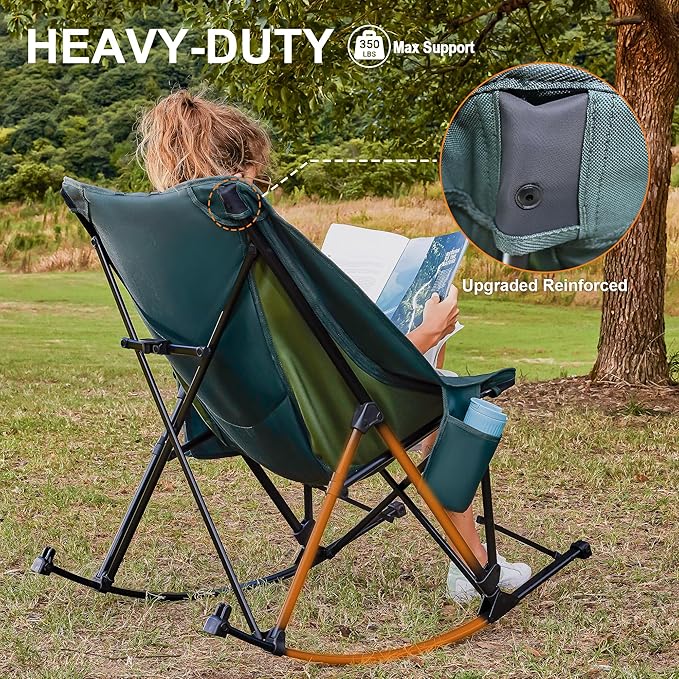 Oversized Rocking Camping Chair for Adults Heavy Duty,Padded Outdoor Rocking Chair Lawn Chairs Portable Rocking Camp Chairs with Side Pocket and Carry Bag for Indoor,Beach,Camp,Lawn,Outdoor