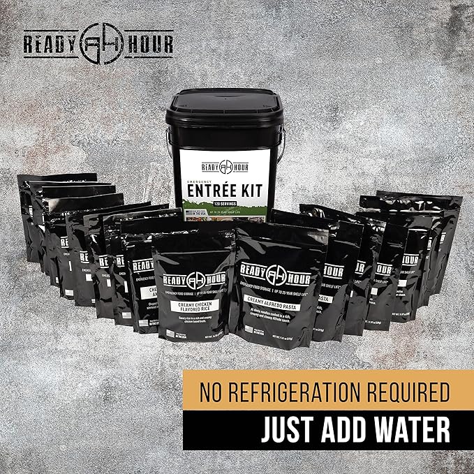 Ready Hour, Emergency Meal Entrées, Real Non-Perishable Meals, 25-Year Shelf Life, Portable Flood-Safe Container, 120 Servings