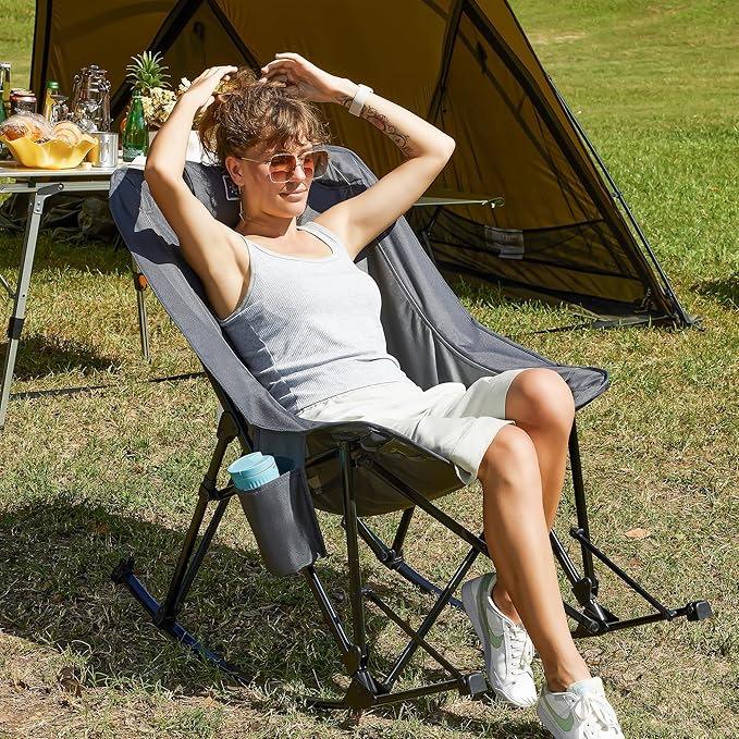 Oversized Camping Chair for Adults, Lawn Chairs Outdoor Fold up, Rocking Camping Chairs with Pillow for Picnic, Heavy-Duty 600D Oxford Cloth with Cup Holder, 350 Pound Capacity, Grey.