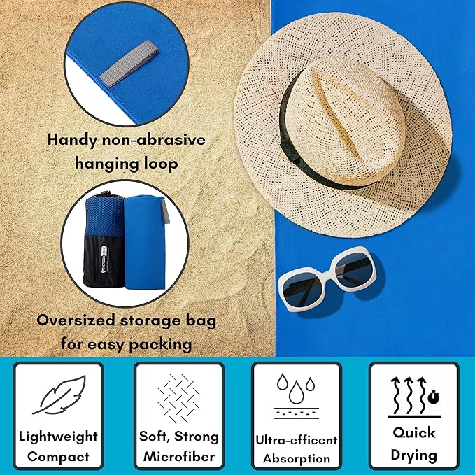 BIRDROCK HOME Multi-Purpose Microfiber Towel for The Beach, Travel, Pets or Camping - Large 31 x 63” - Blue - Quick-Dry - Absorbent Lightweight Compact - Mesh Bag - Kids Hiking Outdoor