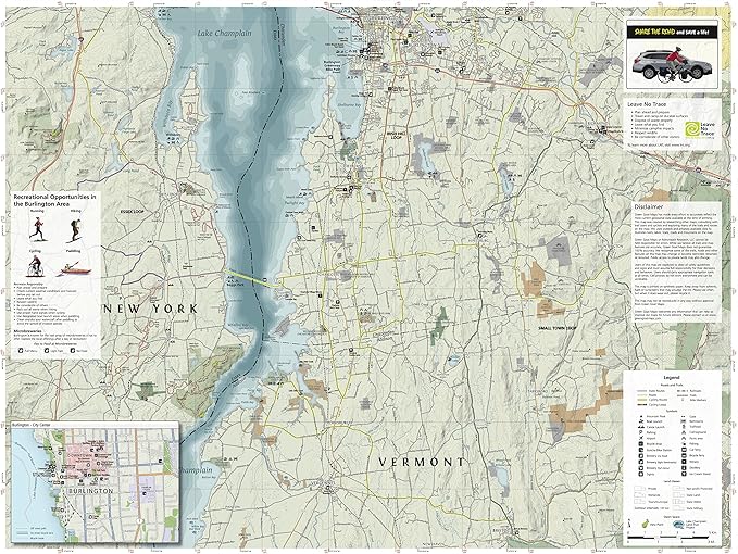 Burlington Vermont Outdoor Adventure Map | Burlington Hiking Map | Hiking trails of Shelburne, VT and Essex, NY | Durable, Waterproof & Tear Resistant