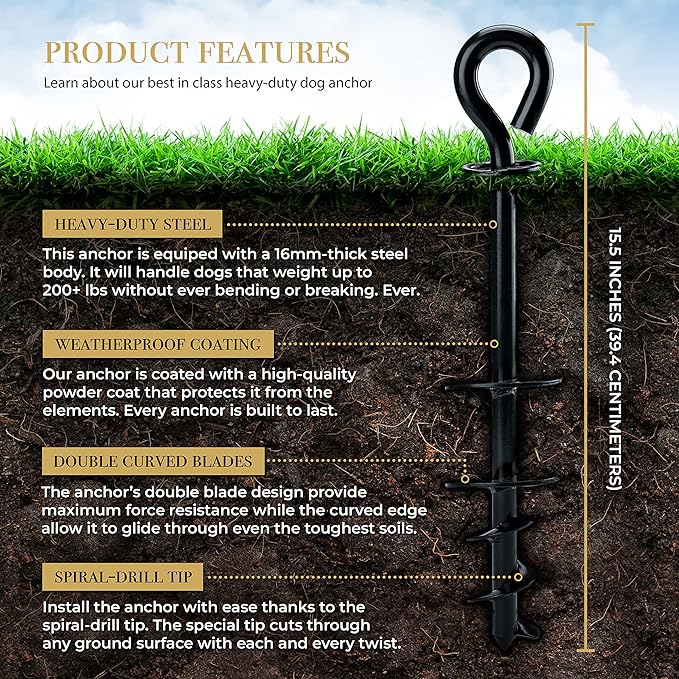 Dog Tie Out Stake - Heavy Duty Dog Stake for Large Dogs up to 210 lbs, Dog Stakes for Outside, Dog Anchor, and Dog Gadget | Use Any Dog Tie Out Cable or Dog Yard Leash (B2-Black (2-Pack))