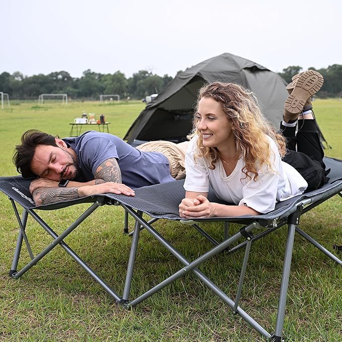 KingCamp 2 Person Queen Size Camping Cot, Folding Portable Double 550lbs Heavy Duty Oversized Large Wide XXL Foldable Sleeping Bed with Carry Bag for Two Adult Outdoor Travel Tent, Grey