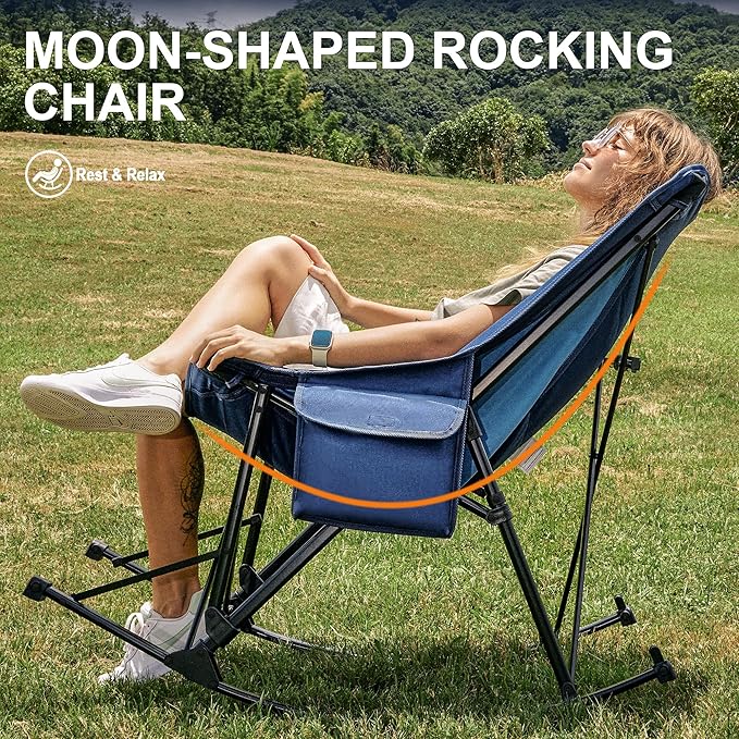 Rocking Camping Chair, Heavy Duty, High Back Oversized Portable Folding Chair with Side Cup Holders, Pocket for Beach, Fishing,Trip,Picnic,Lawn,Concert Outdoor Foldable Camp Chairs, Blue