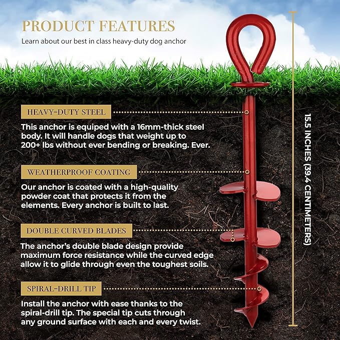Dog Tie Out Stake - Heavy Duty Dog Stake for Large Dogs up to 210 lbs, Dog Stakes for Outside, Dog Anchor, and Dog Gadget | Use Any Dog Tie Out Cable or Dog Yard Leash (R2-Red (2-Pack))