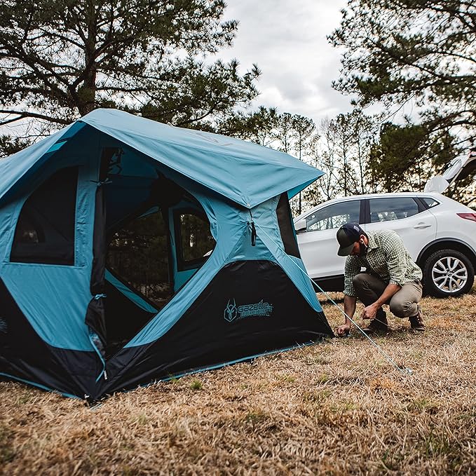 Gazelle Tents™ T3X Hub Tent Overland Edition, Easy 90 Second Set-Up, Waterproof, UV Resistant, Removable Floor, Footprint, 3-Person, Pacific Blue, 68" x 76" x 82", GT302PB